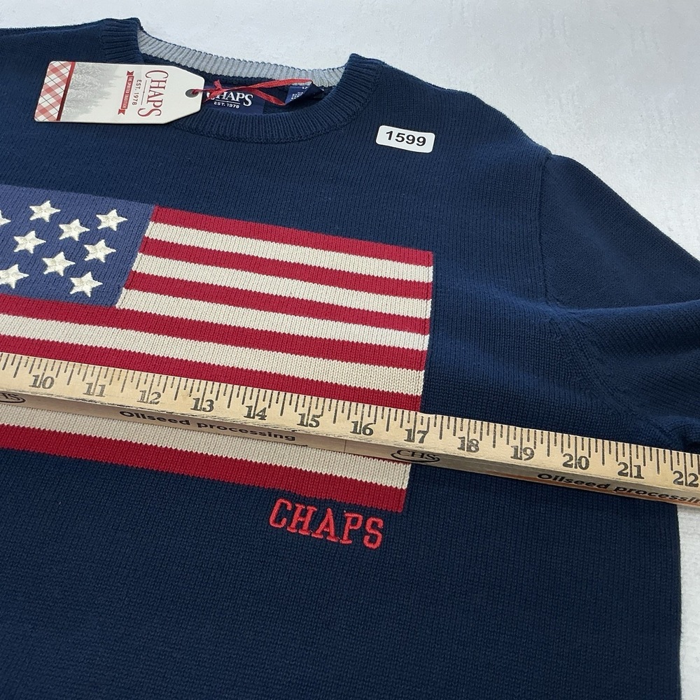 Chaps Men's Navy Knit Cotton Pullover Sweater Crew Neck USA Flag Logo Size L - Picture 3 of 5